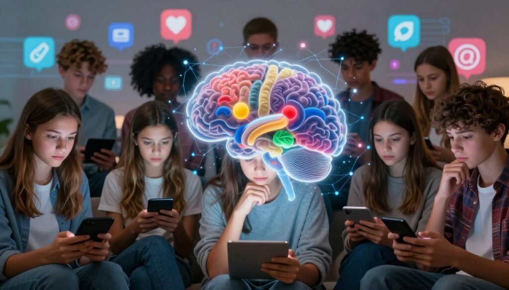 A visually striking image representing scientific findings on social media's impact on adolescent brains. In the foreground, a diverse group of teenagers, dressed in smart casual attire, are engaged with various digital devices, their expressions reflecting curiosity and focus. In the middle, a semi-transparent overlay of brain scans and neural networks cascades through the scene, symbolizing brain changes, with vibrant colors highlighting activity in specific regions. The background features an abstract representation of social media icons and screens, slightly blurred to emphasize the foreground elements. Use soft, ambient lighting to create a thoughtful atmosphere, captured from a slightly elevated angle for a comprehensive view. The overall mood should blend intrigue and concern, inviting viewers to contemplate the relationship between social media and brain development.