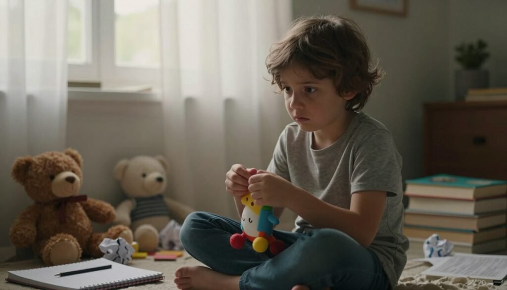 A worried child sitting in a cozy, softly lit room, surrounded by comforting items like plush toys and books, illustrating common signs of anxiety. In the foreground, the child is fidgeting with a toy, eyes wide with concern, dressed in comfortable, modest casual clothing. The middle of the image captures a serene window with sunlight filtering through sheer curtains, emphasizing a calm yet tense atmosphere. In the background, subtle hints of clutter—crumpled papers and an untouched homework notebook—reflect the child’s internal struggle. The lighting is warm and inviting, creating a contrast with the child's anxious expression, evoking empathy and understanding. The overall mood is introspective and slightly somber, effectively conveying the message of anxiety in children. A worried child sitting in a cozy, softly lit room, surrounded by comforting items like plush toys and books, illustrating common signs of anxiety. In the foreground, the child is fidgeting with a toy, eyes wide with concern, dressed in comfortable, modest casual clothing. The middle of the image captures a serene window with sunlight filtering through sheer curtains, emphasizing a calm yet tense atmosphere. In the background, subtle hints of clutter—crumpled papers and an untouched homework notebook—reflect the child’s internal struggle. The lighting is warm and inviting, creating a contrast with the child's anxious expression, evoking empathy and understanding. The overall mood is introspective and slightly somber, effectively conveying the message of anxiety in children.