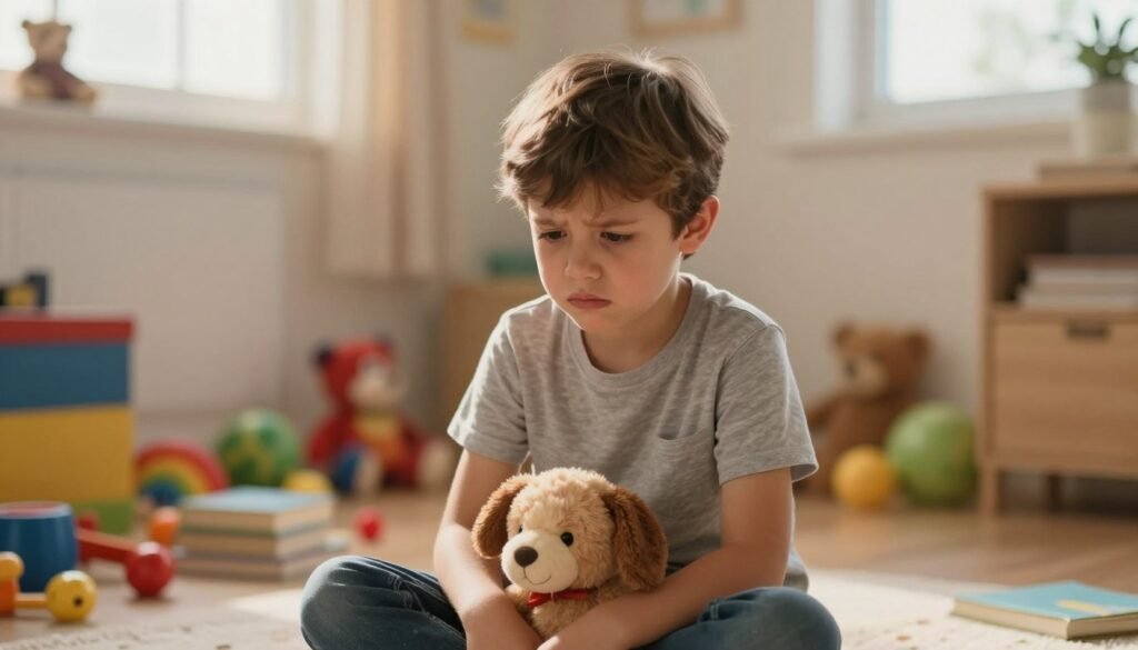 A young child, around 8 years old, sits on the floor of a cozy, softly-lit room filled with toys and books. Their expression is one of worry, with furrowed brows and downturned lips, conveying a sense of anxiety. In the foreground, a stuffed animal rests in their lap, providing a sense of comfort. In the middle ground, a colorful, chaotic arrangement of toys contrasts with the child's somber demeanor, symbolizing the overwhelming nature of anxiety. The background features warm, diffused lighting streaming in through a window, casting gentle shadows and creating a serene atmosphere. The overall mood is contemplative, aiming to evoke empathy and understanding of children's emotional experiences. The scene captures the complexity of childhood anxiety in a relatable and visual way. A young child, around 8 years old, sits on the floor of a cozy, softly-lit room filled with toys and books. Their expression is one of worry, with furrowed brows and downturned lips, conveying a sense of anxiety. In the foreground, a stuffed animal rests in their lap, providing a sense of comfort. In the middle ground, a colorful, chaotic arrangement of toys contrasts with the child's somber demeanor, symbolizing the overwhelming nature of anxiety. The background features warm, diffused lighting streaming in through a window, casting gentle shadows and creating a serene atmosphere. The overall mood is contemplative, aiming to evoke empathy and understanding of children's emotional experiences. The scene captures the complexity of childhood anxiety in a relatable and visual way.