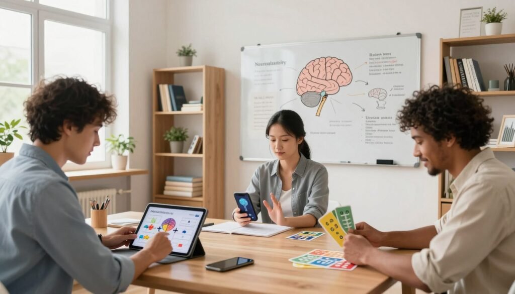 A bright, modern workspace showcasing a variety of neuroplasticity exercises for brain training. In the foreground, a diverse group of three individuals is engaged in different activities: one person in business casual attire is solving a complex puzzle on a tablet, another is practicing mindfulness with a brain-training app on a smartphone, and a third is using colorful flashcards to boost memory recall. The middle ground features a large whiteboard filled with diagrams illustrating brain pathways and neuroplasticity concepts. The background includes shelves with books on neuroscience and cognitive exercises, bathed in warm, natural lighting from large windows. The atmosphere is focused and inspirational, suggesting productivity and cognitive enhancement.