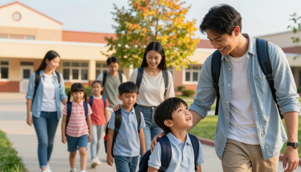 A bustling school drop-off scene on a bright morning, capturing the energy and emotions of parents and children. In the foreground, a caring parent, dressed in casual yet tidy clothing, gently comforts a young child who is looking up with teary eyes. The middle ground shows other parents efficiently guiding their children to school, with a mix of smiles and reassuring gestures, creating a supportive atmosphere. The background features a cheerful school building, with vibrant trees and a blue sky, enhancing the optimistic mood. The lighting is warm and inviting, suggesting early morning sunlight. The angle is slightly elevated, providing a clear view of the interactions and strategies being employed in this quick and effective drop-off process, emphasizing connection and care. A bustling school drop-off scene on a bright morning, capturing the energy and emotions of parents and children. In the foreground, a caring parent, dressed in casual yet tidy clothing, gently comforts a young child who is looking up with teary eyes. The middle ground shows other parents efficiently guiding their children to school, with a mix of smiles and reassuring gestures, creating a supportive atmosphere. The background features a cheerful school building, with vibrant trees and a blue sky, enhancing the optimistic mood. The lighting is warm and inviting, suggesting early morning sunlight. The angle is slightly elevated, providing a clear view of the interactions and strategies being employed in this quick and effective drop-off process, emphasizing connection and care.