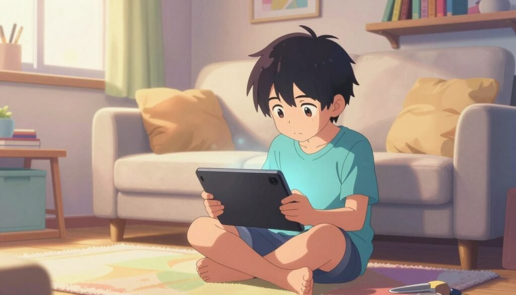 A child, around 10 years old, is sitting cross-legged on a cozy rug, immersed in playing a video game on a tablet. The room around them is a blend of soft pastel colors, with shelves lined with books and art supplies, suggesting a creative environment. In the foreground, the child's focused expression reveals the psychological allure of gaming, with vibrant light emanating from the tablet illuminating their face. The middle background features a cozy sofa with plush cushions and a window that lets in soft, warm sunlight, casting gentle shadows. The atmosphere feels inviting yet slightly tense, illustrating the pull of digital worlds over real-life experiences. The scene is captured from a low angle, enhancing the child's engagement and the enchanting glow of the screen.