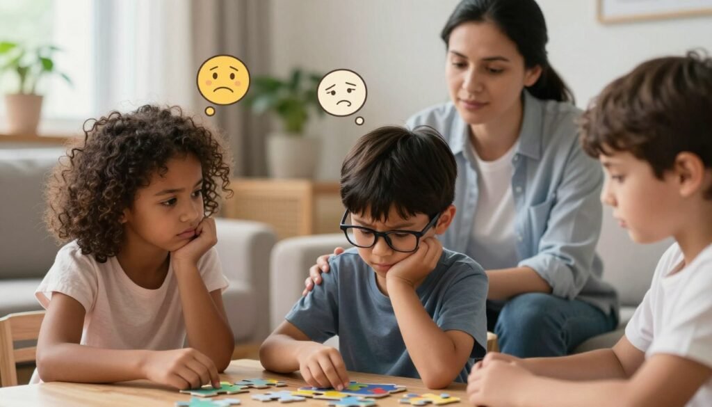 A close-up scene depicting a diverse group of children in a cozy, brightly lit living room, engaging in a calm activity. In the foreground, a young girl with curly hair observes her friend, a boy with glasses, who is showing signs of frustration while working on a puzzle. The middle ground features a parent, gently guiding the children with empathetic body language, observing their emotional cues. In the background, soft, warm lighting filters through a window adorned with plants, creating a comforting atmosphere. Subtle graphics, such as thought bubbles depicting emotional faces, float above the children's heads, illustrating their feelings. The mood is serene yet attentive, focusing on understanding and support. A close-up scene depicting a diverse group of children in a cozy, brightly lit living room, engaging in a calm activity. In the foreground, a young girl with curly hair observes her friend, a boy with glasses, who is showing signs of frustration while working on a puzzle. The middle ground features a parent, gently guiding the children with empathetic body language, observing their emotional cues. In the background, soft, warm lighting filters through a window adorned with plants, creating a comforting atmosphere. Subtle graphics, such as thought bubbles depicting emotional faces, float above the children's heads, illustrating their feelings. The mood is serene yet attentive, focusing on understanding and support.