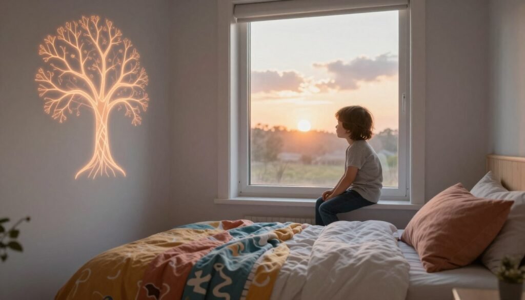 A serene morning scene illustrating the concept of the nervous system's transition in children. In the foreground, a cozy, softly-lit bedroom with a bed and colorful, inviting blankets. On the wall, calming illustrations of a human nervous system, depicted like a tree with branches symbolizing the neural pathways glowing gently, conveying energy and movement. In the middle ground, a child sitting on the edge of the bed, dressed in modest, casual morning attire, with a contemplative expression as they momentarily gaze out the window at the soft sunlight pouring in. In the background, a window reveals a tranquil morning landscape, with warm hues of sunrise reflecting off the clouds, enhancing the peaceful yet dynamic atmosphere. Use natural lighting with a warm tone, employing a slight soft focus on the child to evoke a sense of introspection and potential. A serene morning scene illustrating the concept of the nervous system's transition in children. In the foreground, a cozy, softly-lit bedroom with a bed and colorful, inviting blankets. On the wall, calming illustrations of a human nervous system, depicted like a tree with branches symbolizing the neural pathways glowing gently, conveying energy and movement. In the middle ground, a child sitting on the edge of the bed, dressed in modest, casual morning attire, with a contemplative expression as they momentarily gaze out the window at the soft sunlight pouring in. In the background, a window reveals a tranquil morning landscape, with warm hues of sunrise reflecting off the clouds, enhancing the peaceful yet dynamic atmosphere. Use natural lighting with a warm tone, employing a slight soft focus on the child to evoke a sense of introspection and potential.