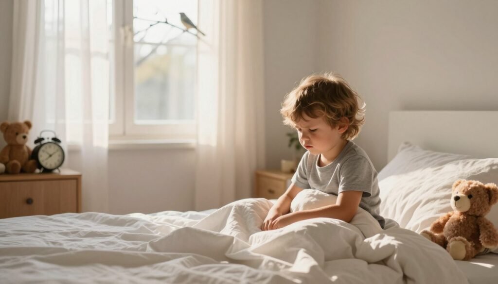 A serene morning scene inside a well-lit bedroom, capturing the essence of a child's emotional start to the day. In the foreground, a young child with a furrowed brow is sitting on a neatly made bed, surrounded by colorful stuffed animals and a gently crumpled blanket. In the middle, soft morning light filters through sheer curtains, illuminating the room with a warm, golden hue. On the bedside table, a clock displays an early hour, emphasizing the struggle of waking up. In the background, a cozy window reveals a hint of a sunny day outside, with birds perched on a tree branch. The overall mood is a blend of tenderness and reflection, inviting viewers to consider the complexity of childhood emotions in the morning. A serene morning scene inside a well-lit bedroom, capturing the essence of a child's emotional start to the day. In the foreground, a young child with a furrowed brow is sitting on a neatly made bed, surrounded by colorful stuffed animals and a gently crumpled blanket. In the middle, soft morning light filters through sheer curtains, illuminating the room with a warm, golden hue. On the bedside table, a clock displays an early hour, emphasizing the struggle of waking up. In the background, a cozy window reveals a hint of a sunny day outside, with birds perched on a tree branch. The overall mood is a blend of tenderness and reflection, inviting viewers to consider the complexity of childhood emotions in the morning.