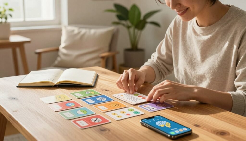 A serene workspace is set up for a daily mental fitness practice featuring memory games. In the foreground, a wooden table displays colorful memory cards, an open notebook with notes, and a smartphone with a brain training app. A person in modest casual clothing, focused and smiling, interacts with the cards, showcasing concentration and enjoyment. In the middle ground, a cozy chair and a soft cushion invite relaxation, while a potted plant adds a touch of nature. In the background, a window allows soft, warm sunlight to flow in, casting gentle shadows. The atmosphere is calm and motivating, encouraging a sense of focus and exploration in boosting brainpower. The image captures the essence of a productive memory game routine in a visually appealing setting.