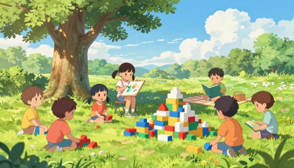 A vibrant outdoor scene capturing children engaged in various creative screen-free activities. In the foreground, a diverse group of children, dressed in colorful casual clothing, are playing with building blocks and creating a miniature fort under a large tree. In the middle ground, a girl is painting on a canvas while a boy is reading a book on a picnic blanket. The background features lush greenery and a bright blue sky with fluffy white clouds, conveying a cheerful atmosphere. The lighting is warm and inviting, suggesting a sunny afternoon. The image should evoke a sense of joy, creativity, and connection to nature, emphasizing engaging, imaginative play away from screens.