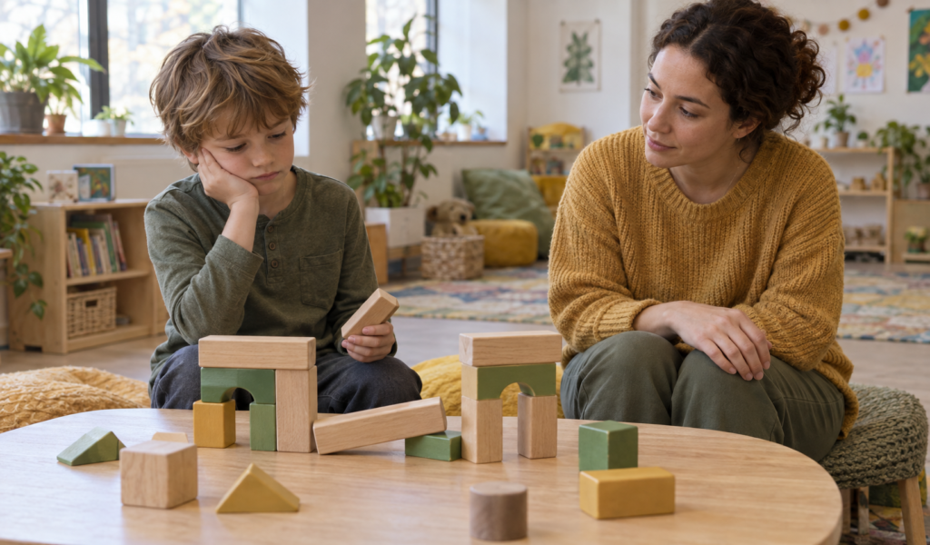 A child and caregiver examine an unfinished block bridge together.