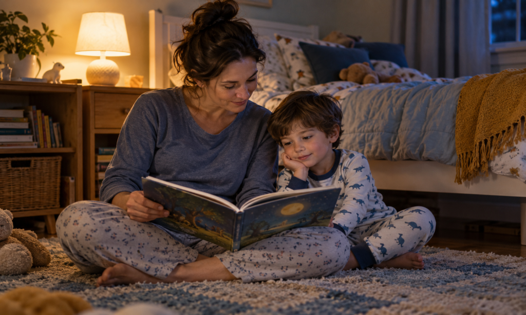 Parent and preschool child reading together before bedtime