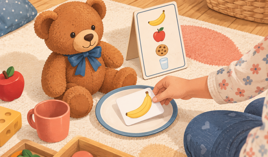 Illustration of a child using a picture cue to serve a toy café order.