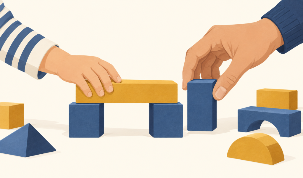 Illustration of a child placing a foundation block beside an adult's demonstration.