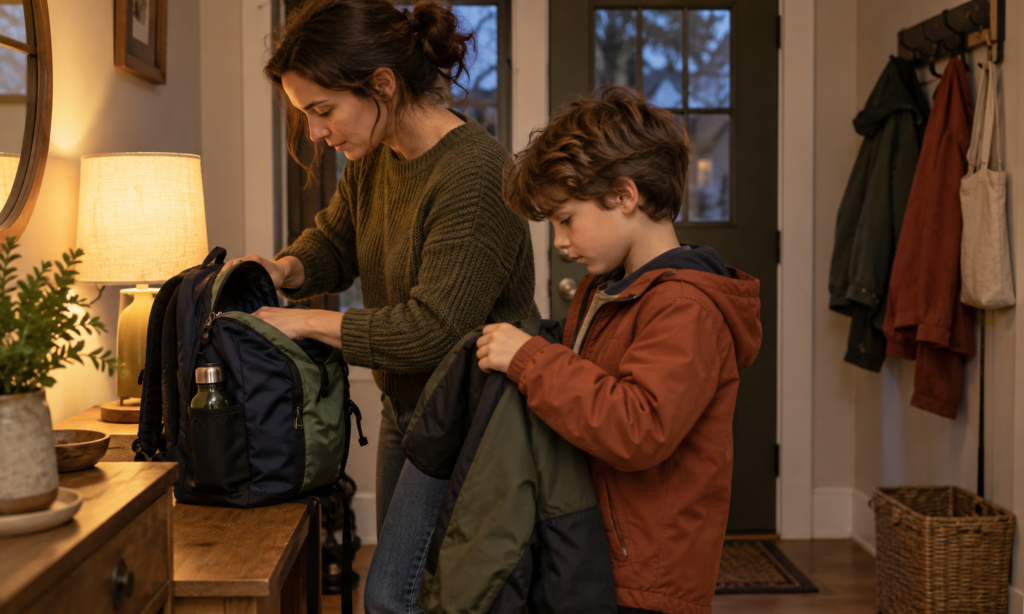 School-age child checks their backpack with a caregiver before winding down