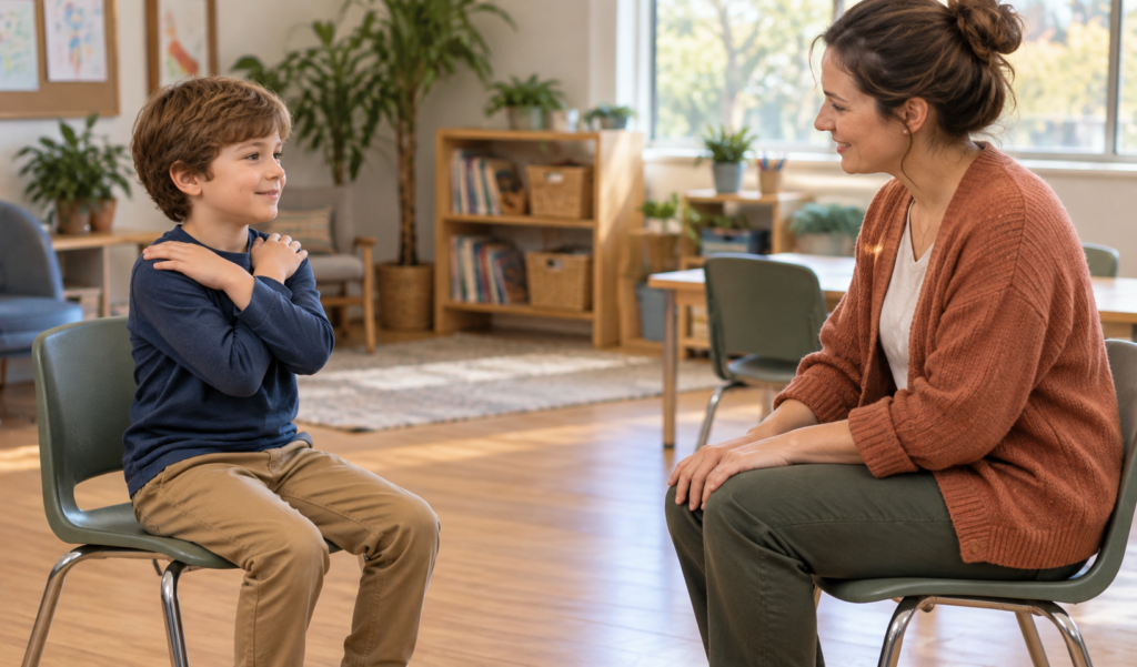 Child demonstrating a seated action while a caregiver watches and waits.