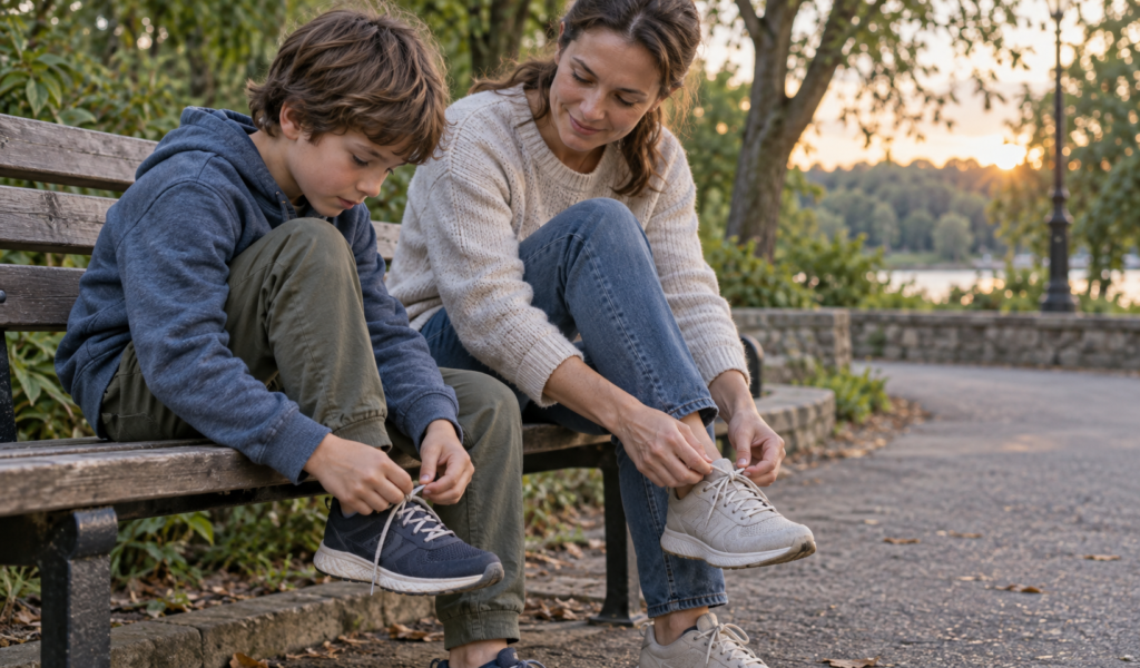 A caregiver demonstrates shoelace tying beside a child practising on a park bench.