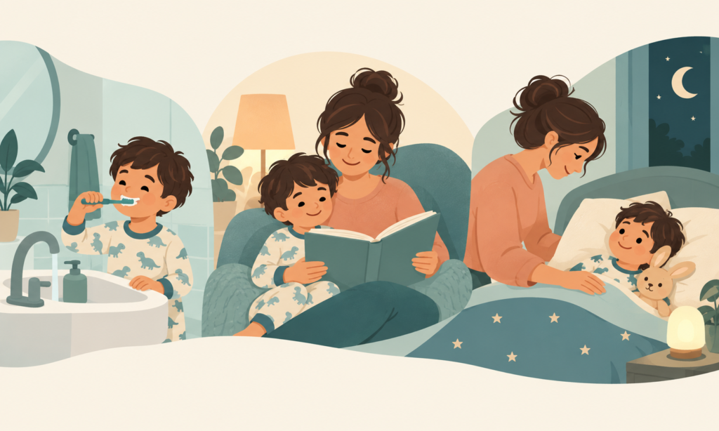 Illustration showing toothbrushing, reading together, and a calm goodnight