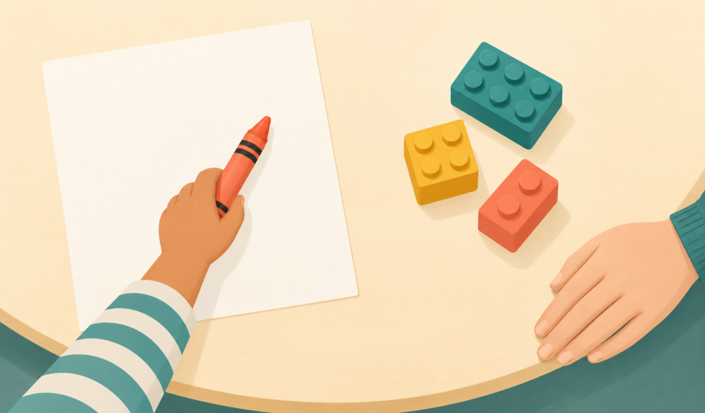 Illustration of a child choosing between drawing materials and building blocks.