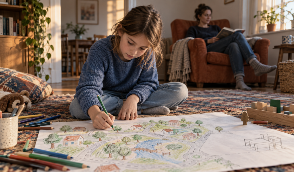 A child draws an imaginary town while a caregiver reads nearby.